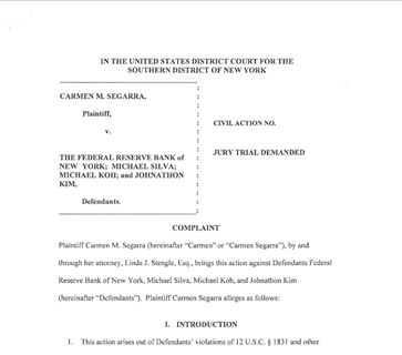 Last week, the New York Federal Reserve tried to seal documents in a lawsuit brought by former examiner Carmen Segarra, who says the Fed fired her because she found problems with Goldman Sachs' conflict-of-interest policy. 

But today, a federal judge rejected the Fed's plea. "I am not convinced that anything will be accomplished to seal or redact a complaint that is publicly available,” U.S. District Judge Ronnie Abrams said. http://propub.ca/15F4boK

Read that publicly available complaint here: http://propub.ca/1956IZO

And ICYMI, be sure to read Segarra's story: http://propub.ca/15qXXZp