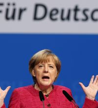 German Chancellor and chairwoman of the German Christian Democratic party (CDU) Angela Merkel speaks during the last stage of the election campaign in Berlin.
