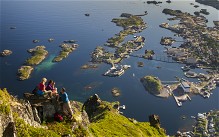 Hiking at Fløya looking down at Svolvær, Lofoten islands, Norway