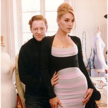 Hervé Léger with his version of the bandage dress, which he introduced in the early 1990s.